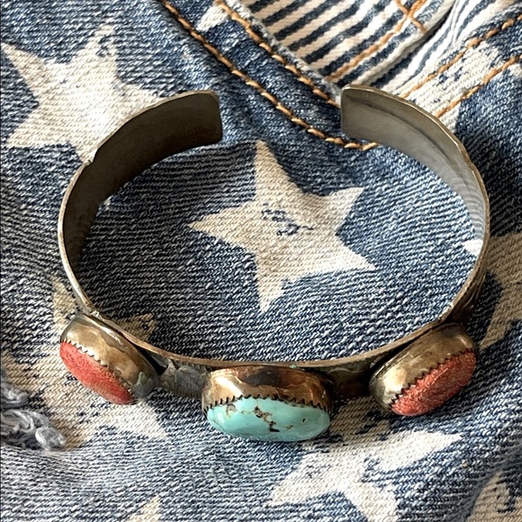 native American Turquoise and Red Stone sterling Silver vintage cuff  Bracelet - Picture 6 of 12